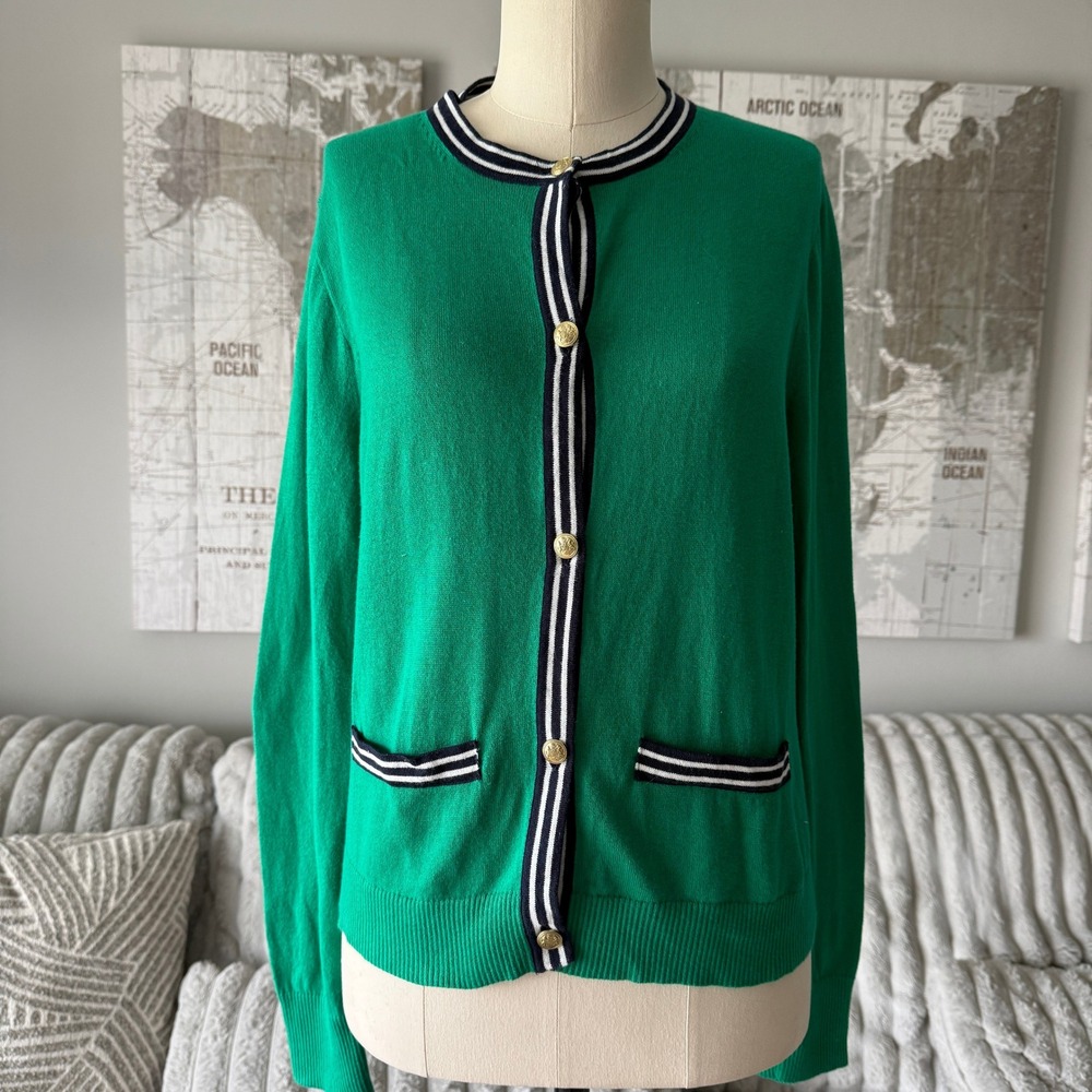 J.Crew Green Cotton Cardigan Gold Crest Buttons Stripe Trim Size L